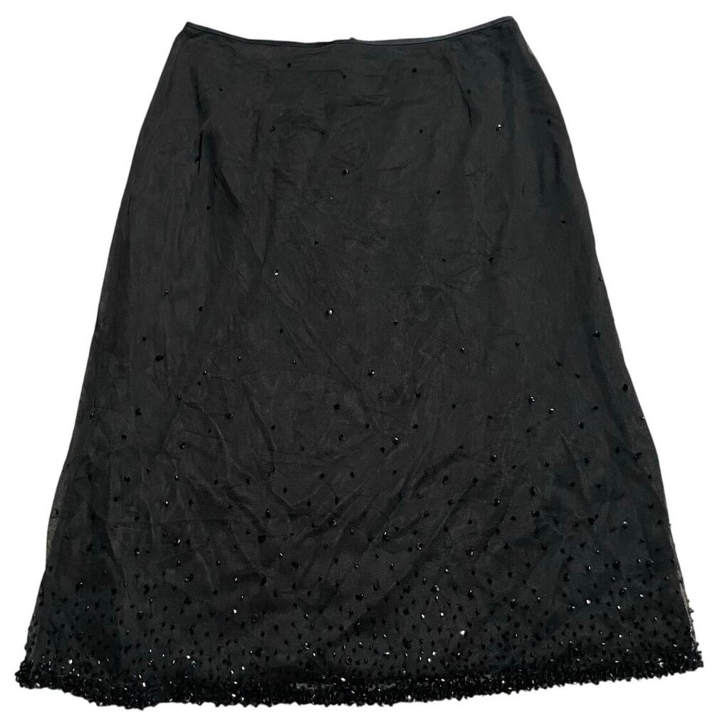 Tahari Beaded Silky Knee Length Pencil Skirt Fancy Mesh Lined Size 2 Black *Flaw